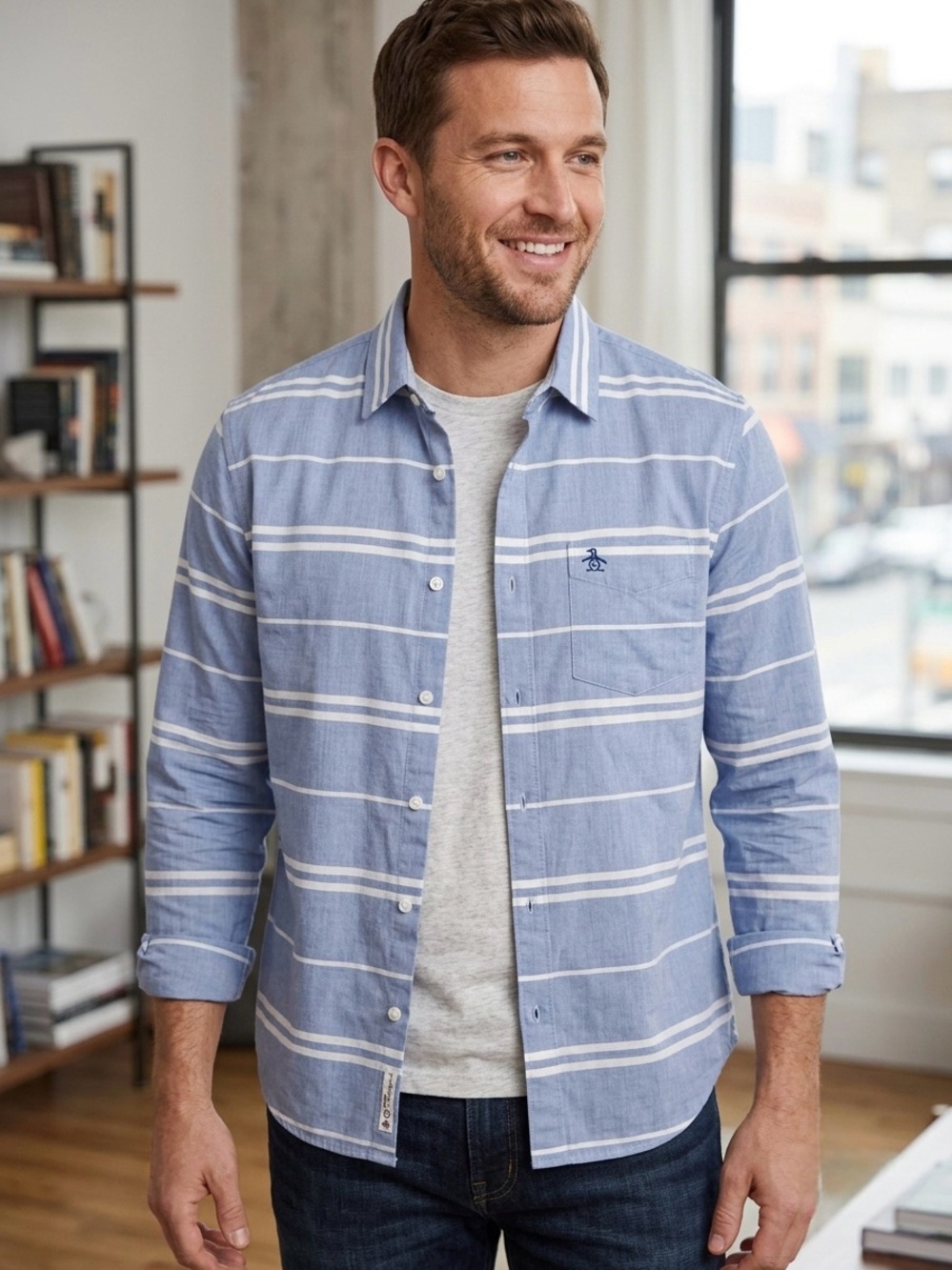 Original Penguin Men XL Button Up Shirt Blue White Stripe Classic Fit